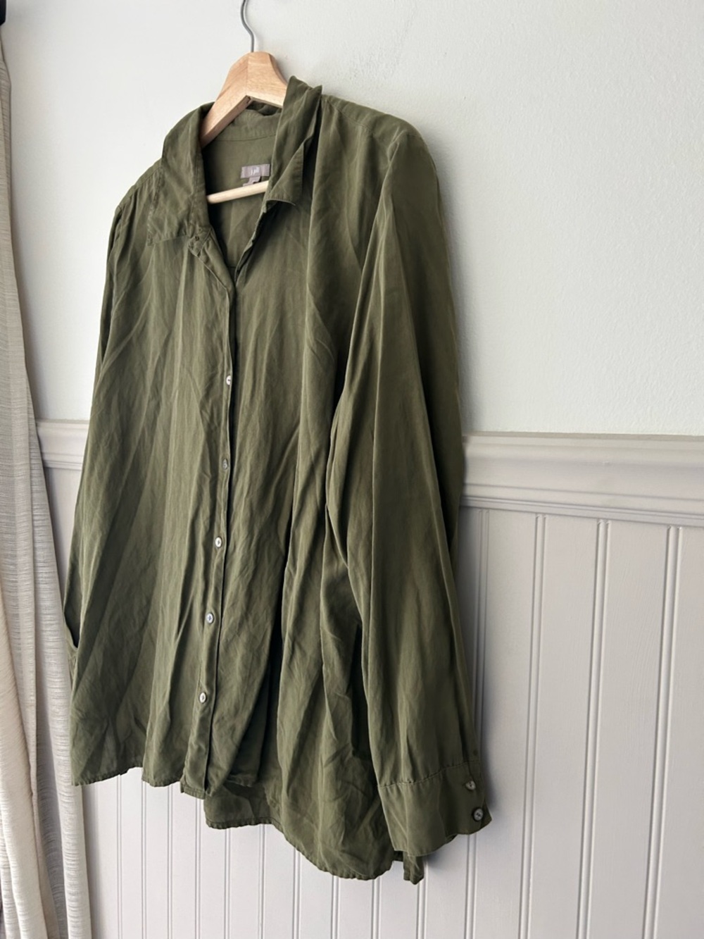 J. Jill XL Olive Green 100% Silk Button-Front Long Sleeve Shirt Blouse - Picture 3 of 7